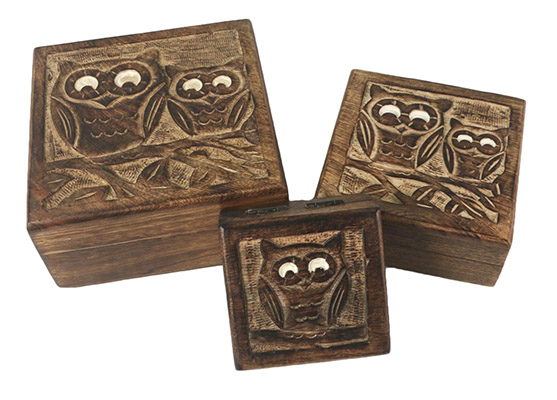 Mango Wood Ollie Owl Design Set Of 3 Boxes